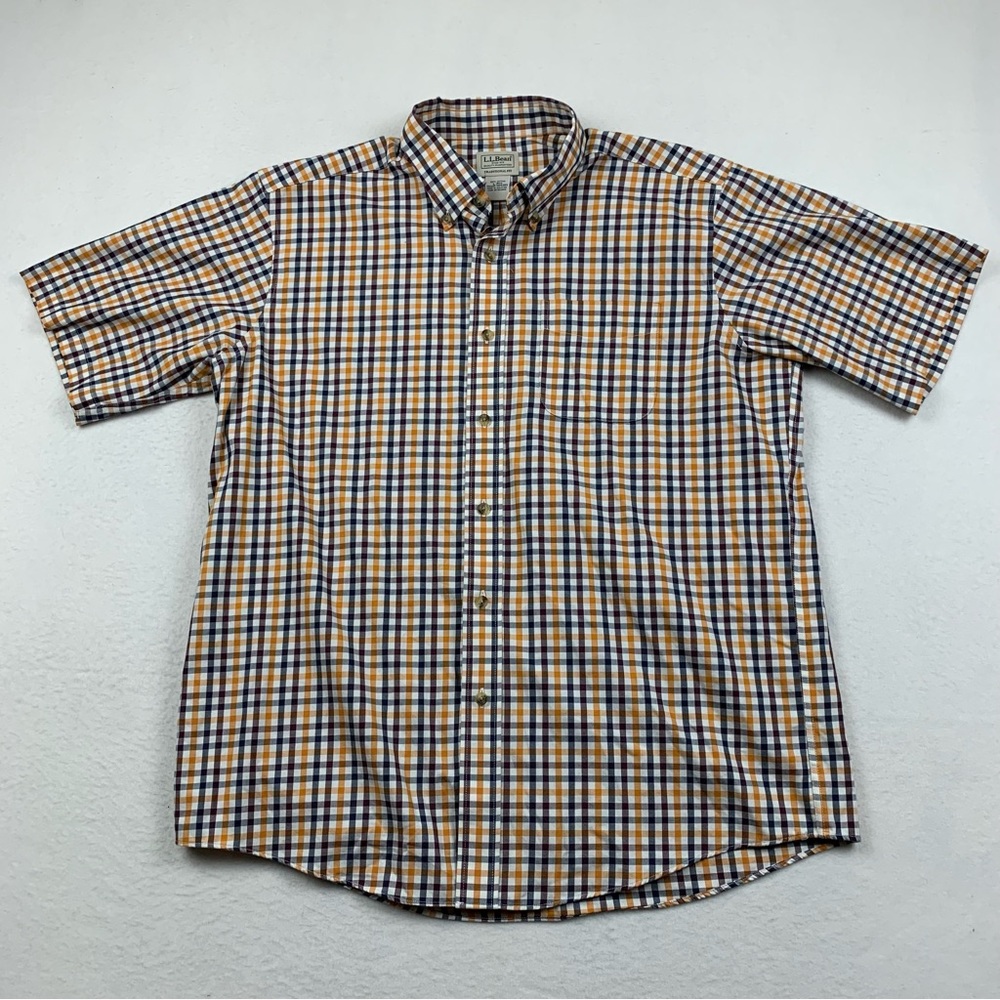 LL Bean Shirt Mens Large Traditional Fit Orange Brown‎ Plaid Casual Dad Cotton
